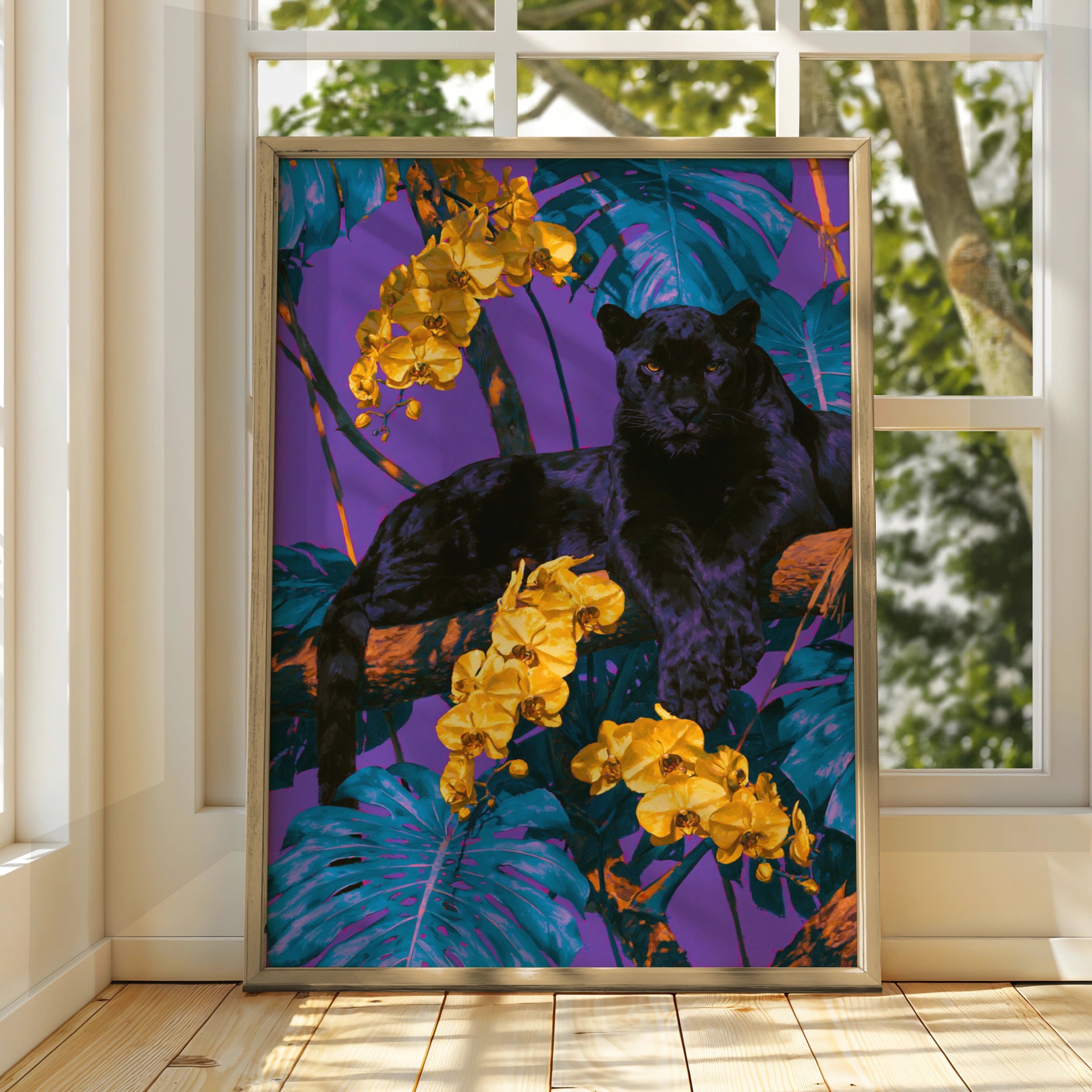 Black Panther Yellow Orchids Poster, Tropical Jungle Wall Art, Bold Colourful Print