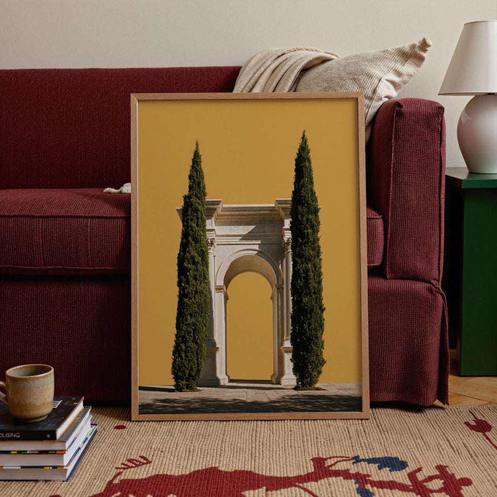 Roman Arch Cypress Trees Poster, Classical Architecture Print, Yellow Minimalist Wall Art