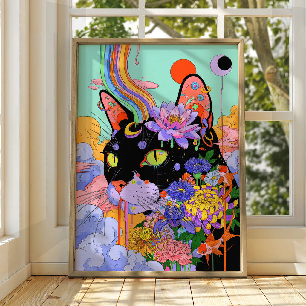 Psychedelic Cat Poster, Floral Black Cat Wall Art, Colourful Trippy Print