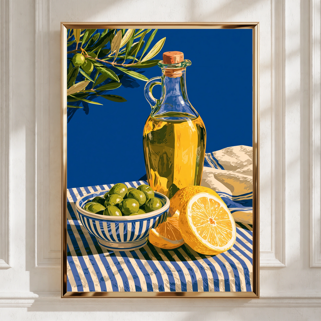 Olive Oil Lemon Still Life Poster, Mediterranean Kitchen Wall Art, Blue