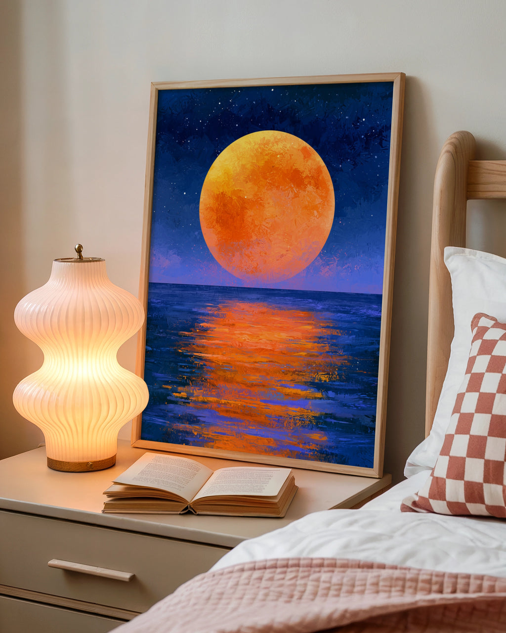 Orange Full Moon Over Ocean Wall Art Poster, Night Sky Print, Painterly Style