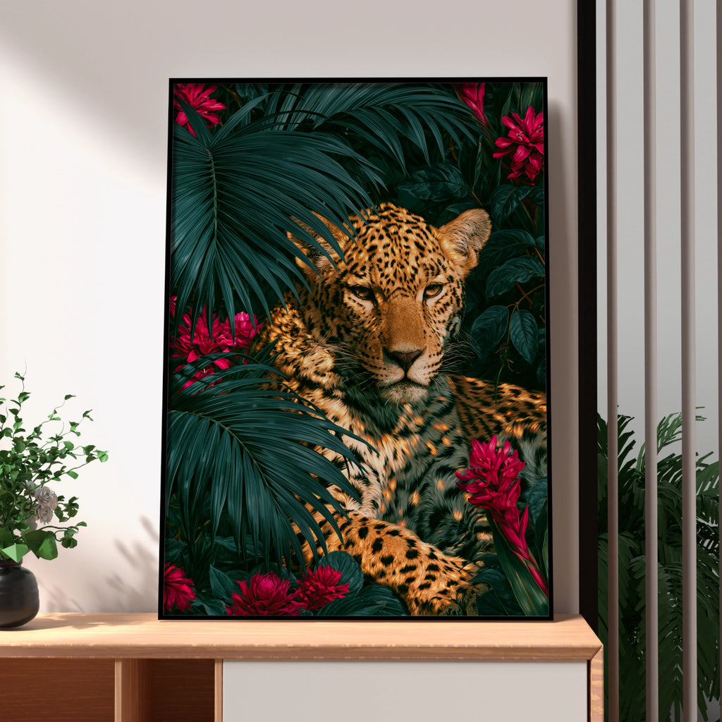 Jaguar Red Flowers Tropical Poster, Wild Cat Palm Leaves Wall Art Print
