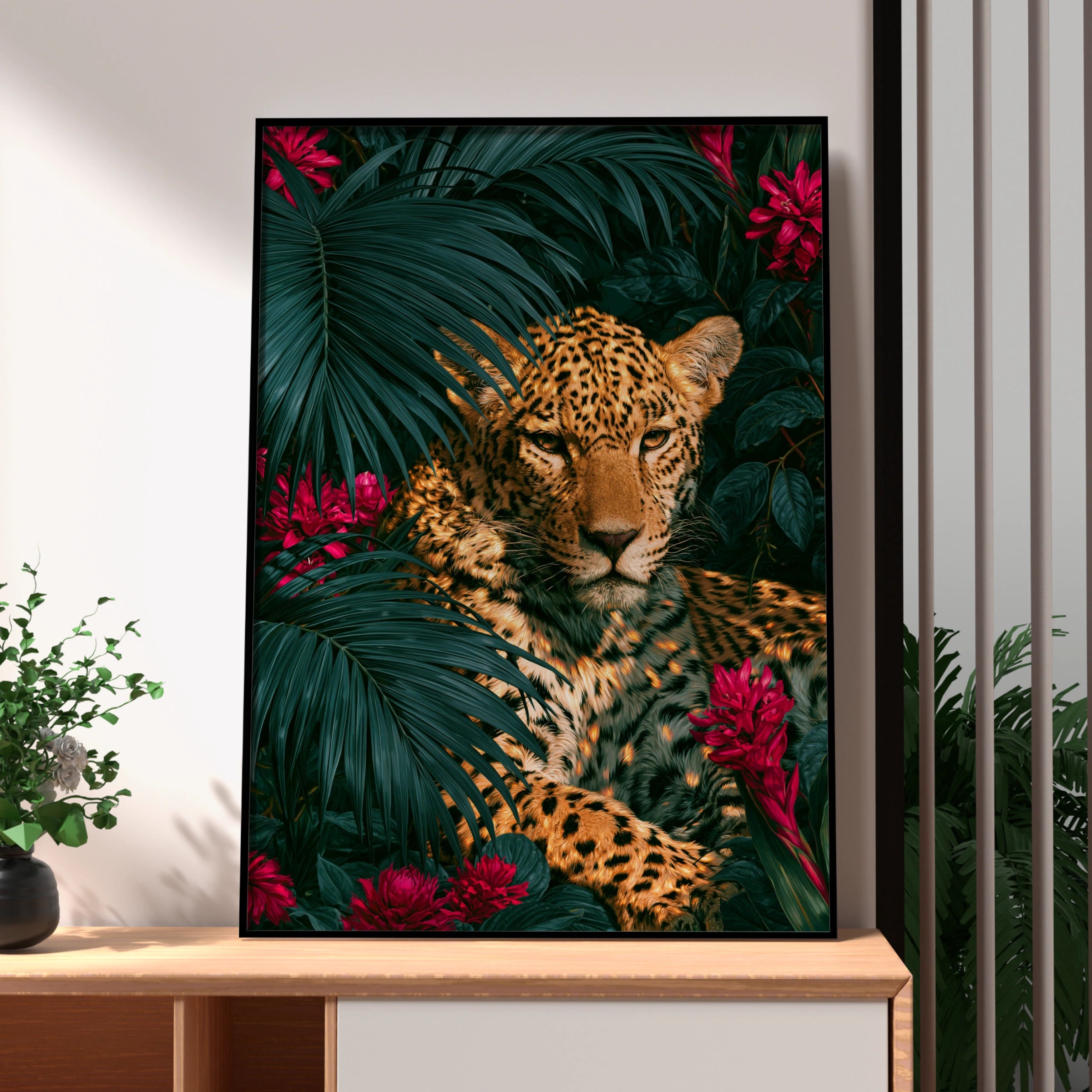 Jaguar Red Flowers Tropical Poster, Wild Cat Palm Leaves Wall Art Print
