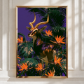 Antelope Tropical Flowers Poster, Bold Purple Wildlife Wall Art Print