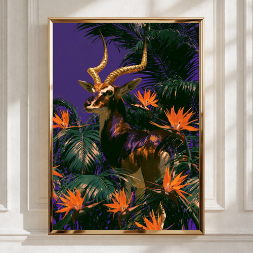 Antelope Tropical Flowers Poster, Bold Purple Wildlife Wall Art Print