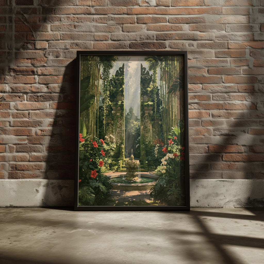 Balinese Candi Bentar Temple Gate Poster, Tropical Garden Wall Art Print