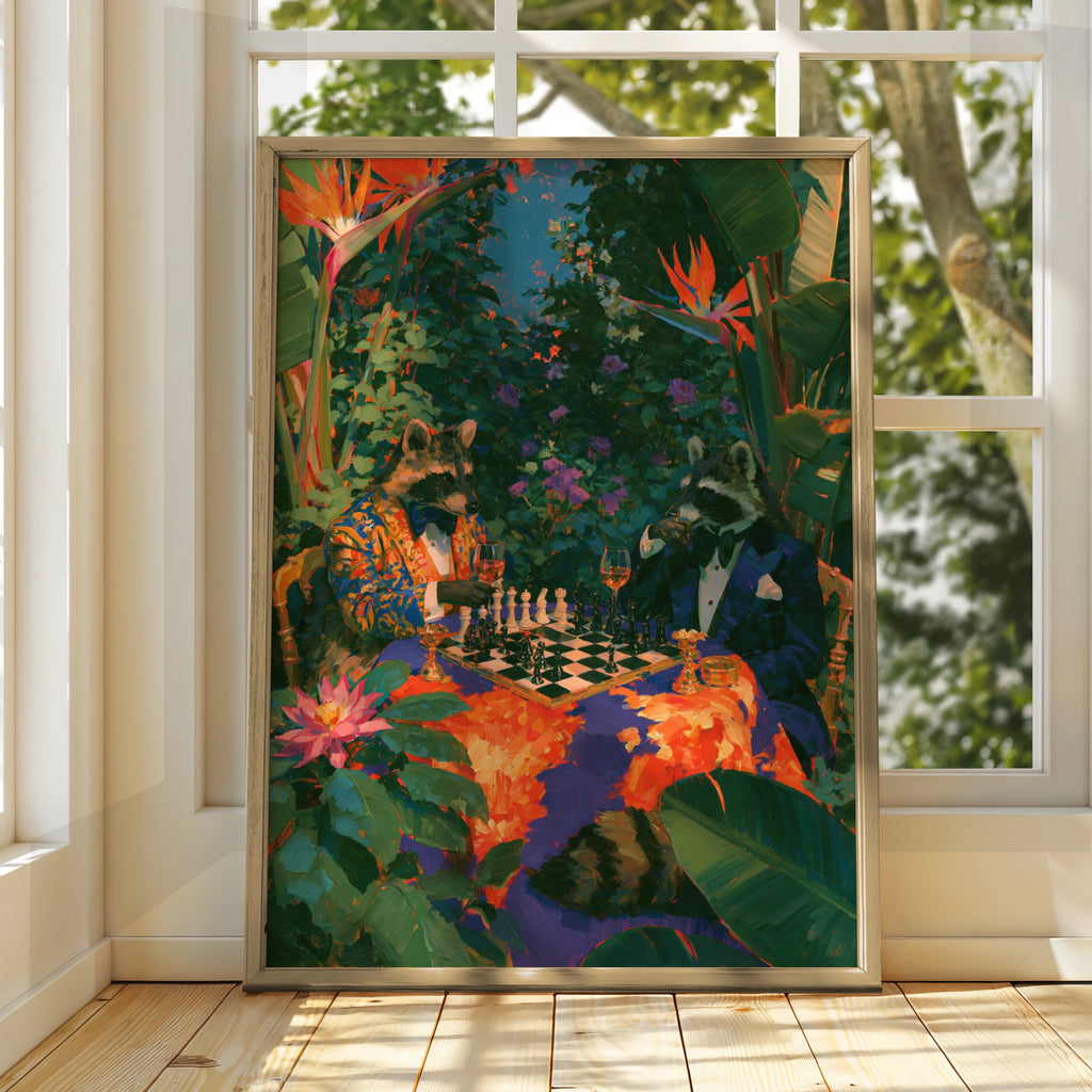 Raccoons Playing Chess, Tropical Garden Wall Art, Maximalist Animal Poster