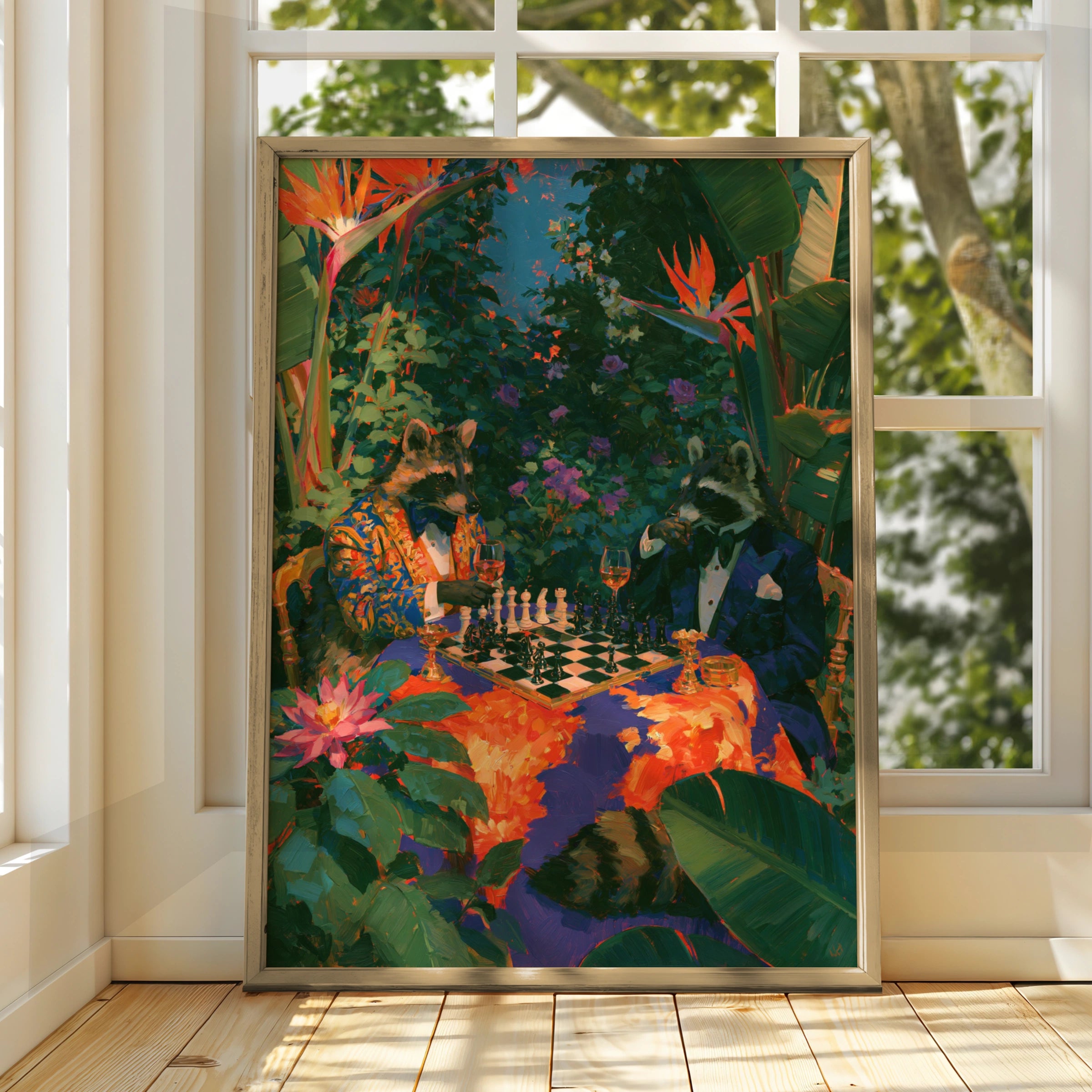Raccoons Playing Chess, Tropical Garden Wall Art, Maximalist Animal Poster
