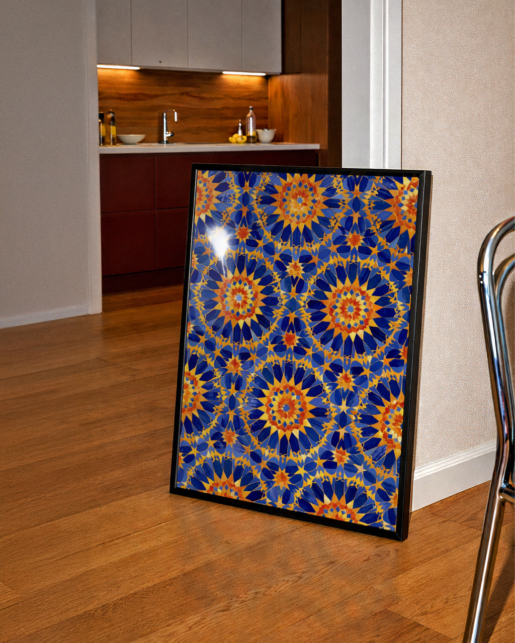 Moroccan Tile Pattern Poster, Blue Orange Geometric Wall Art Print