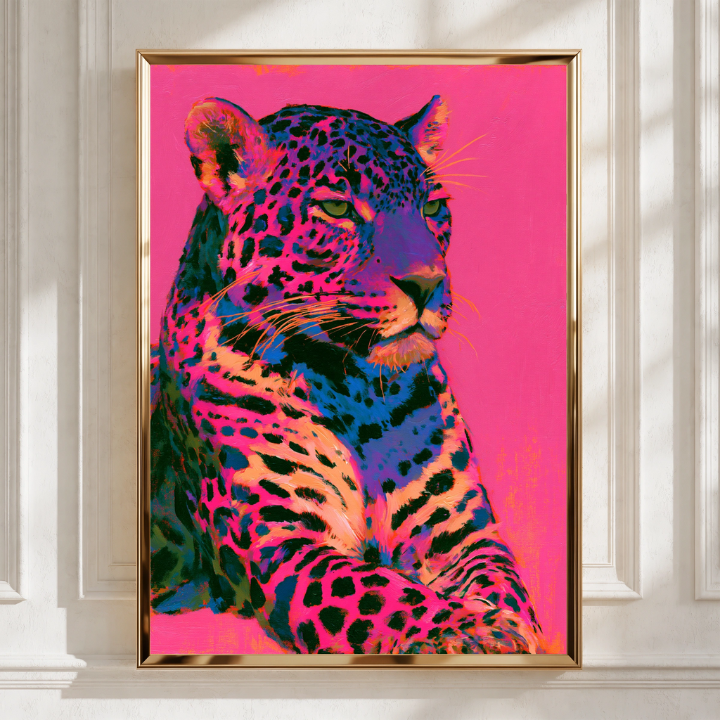 Neon Jaguar Wall Art Poster, Pink Pop Art Big Cat Print, Bold Colourful