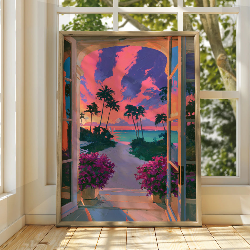 Sunset Beach View Through Arch Window, Tropical Palm Tree Poster, Vibrant Pink Sky Art