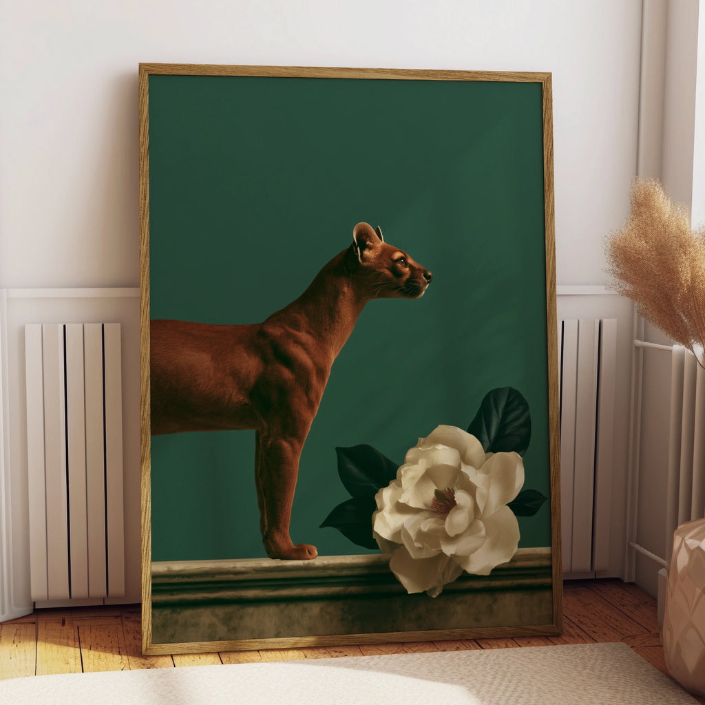 Fossa & Magnolia Poster, Dark Green Animal Wall Art, Botanical Print