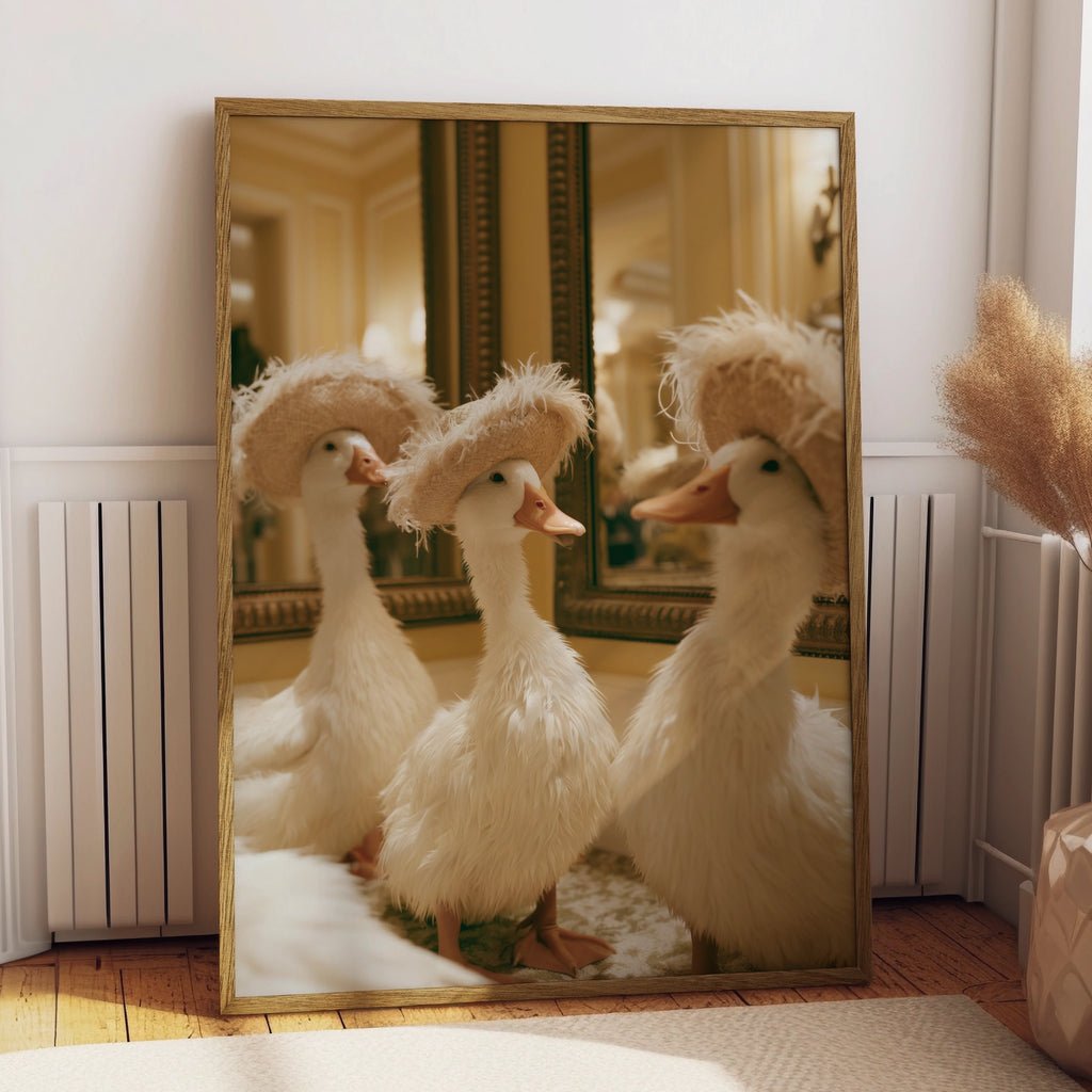 Ducks in Hats Wall Art Poster, Whimsical White Ducks, Funny Animal Print