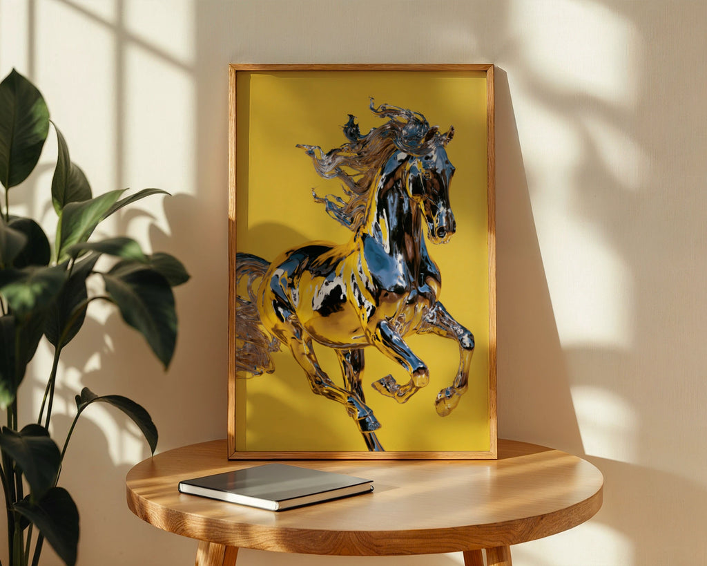 Chrome Horse Poster, Metallic Yellow Wall Art, Bold Modern Print