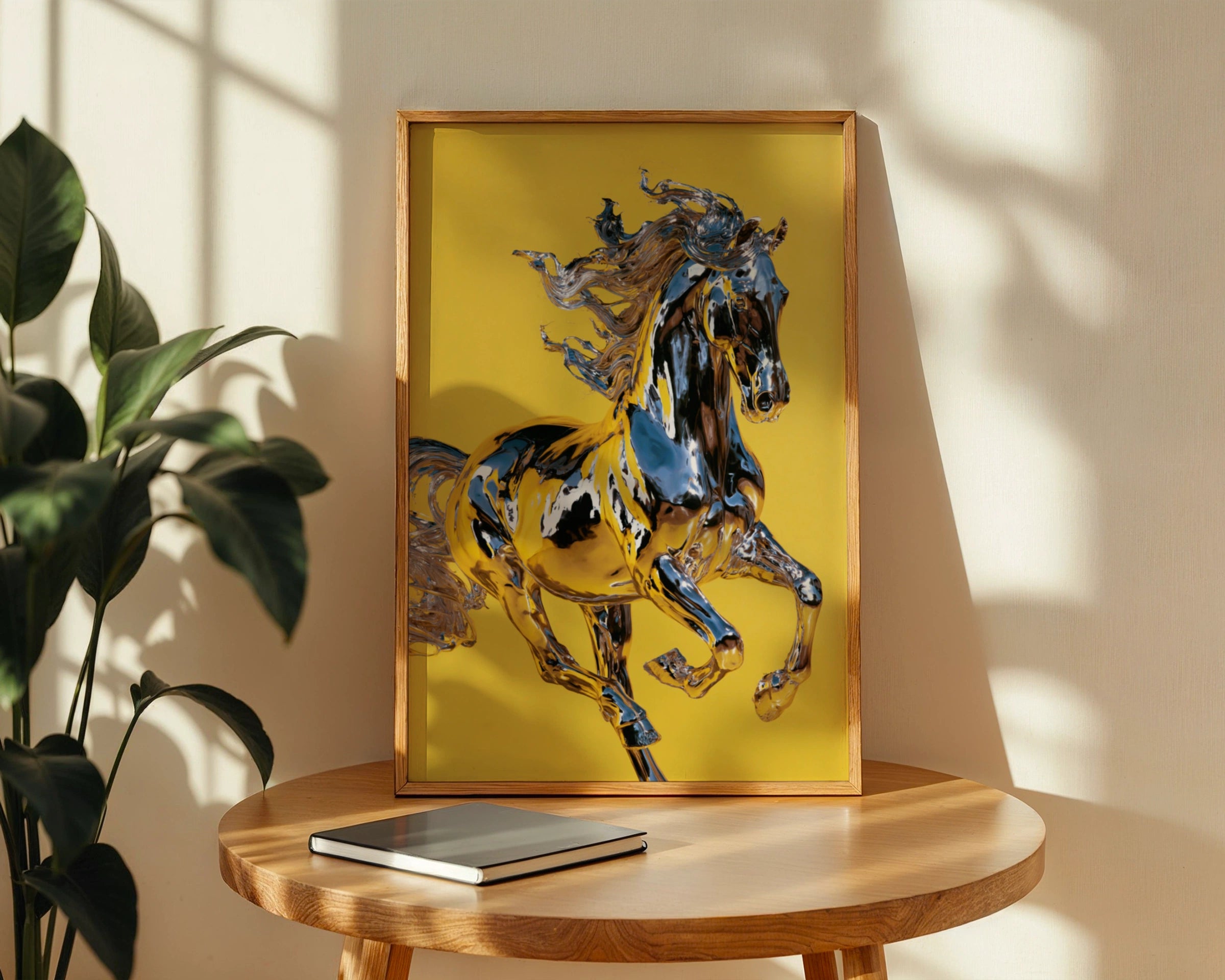 Chrome Horse Poster, Metallic Yellow Wall Art, Bold Modern Print