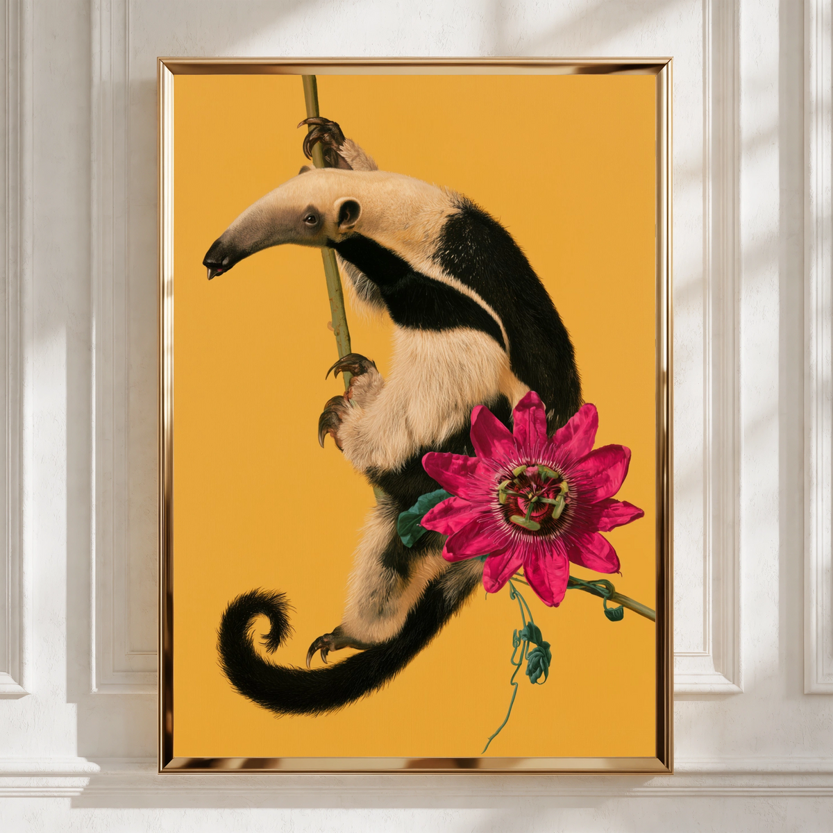 Tamandua Anteater Poster, Tropical Flower Wall Art, Yellow Bold Print