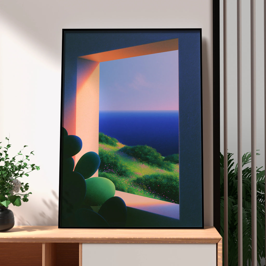Cactus Window Ocean View Poster, Botanical Coastal Wall Art, Minimalist Print
