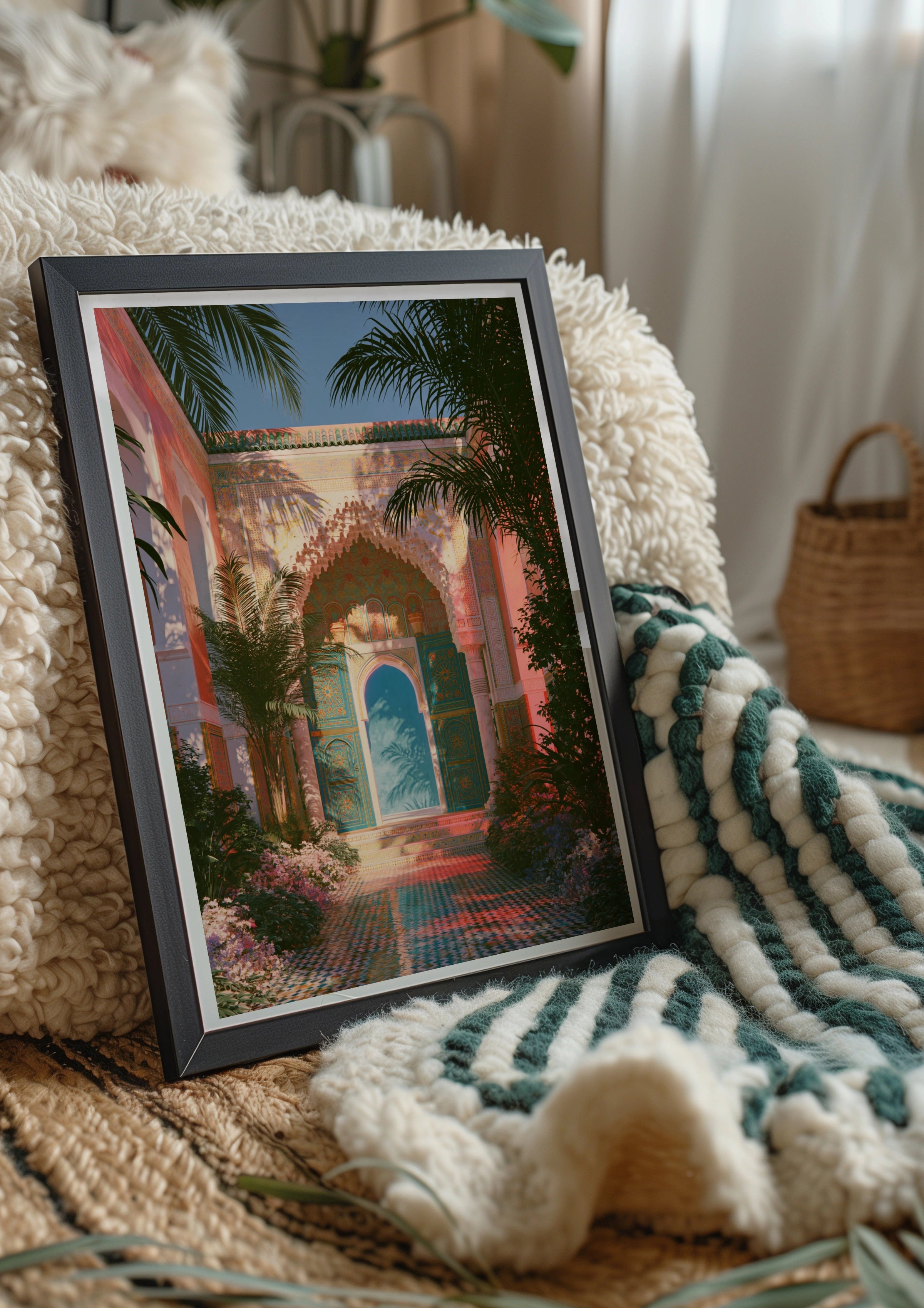 Moroccan Courtyard Tiles Art Print, Marrakech Arch Poster, Boho Travel Wall Art
