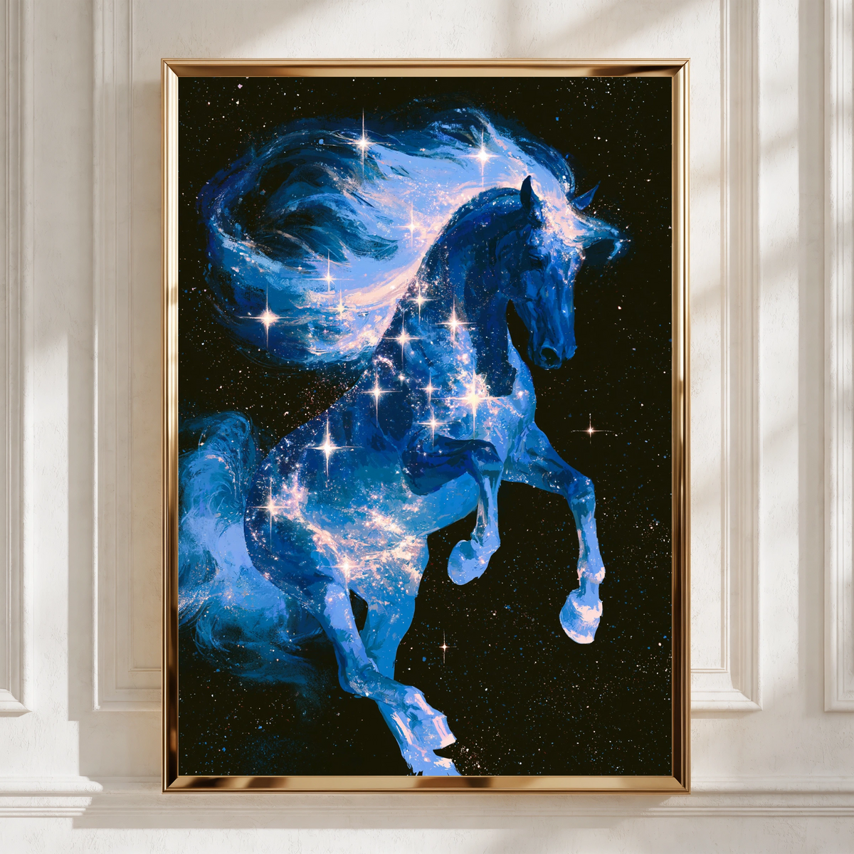 Celestial Horse Stars Poster, Galaxy Stallion Wall Art, Cosmic Blue Print
