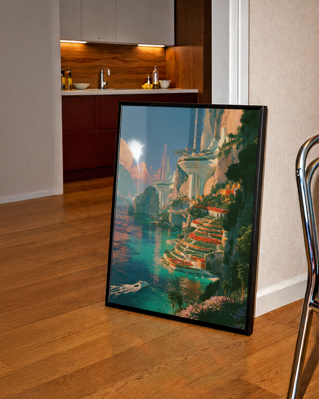 Futuristic Coastal City Poster, Sky Sea Cliffs, Sci-Fi Architecture Print