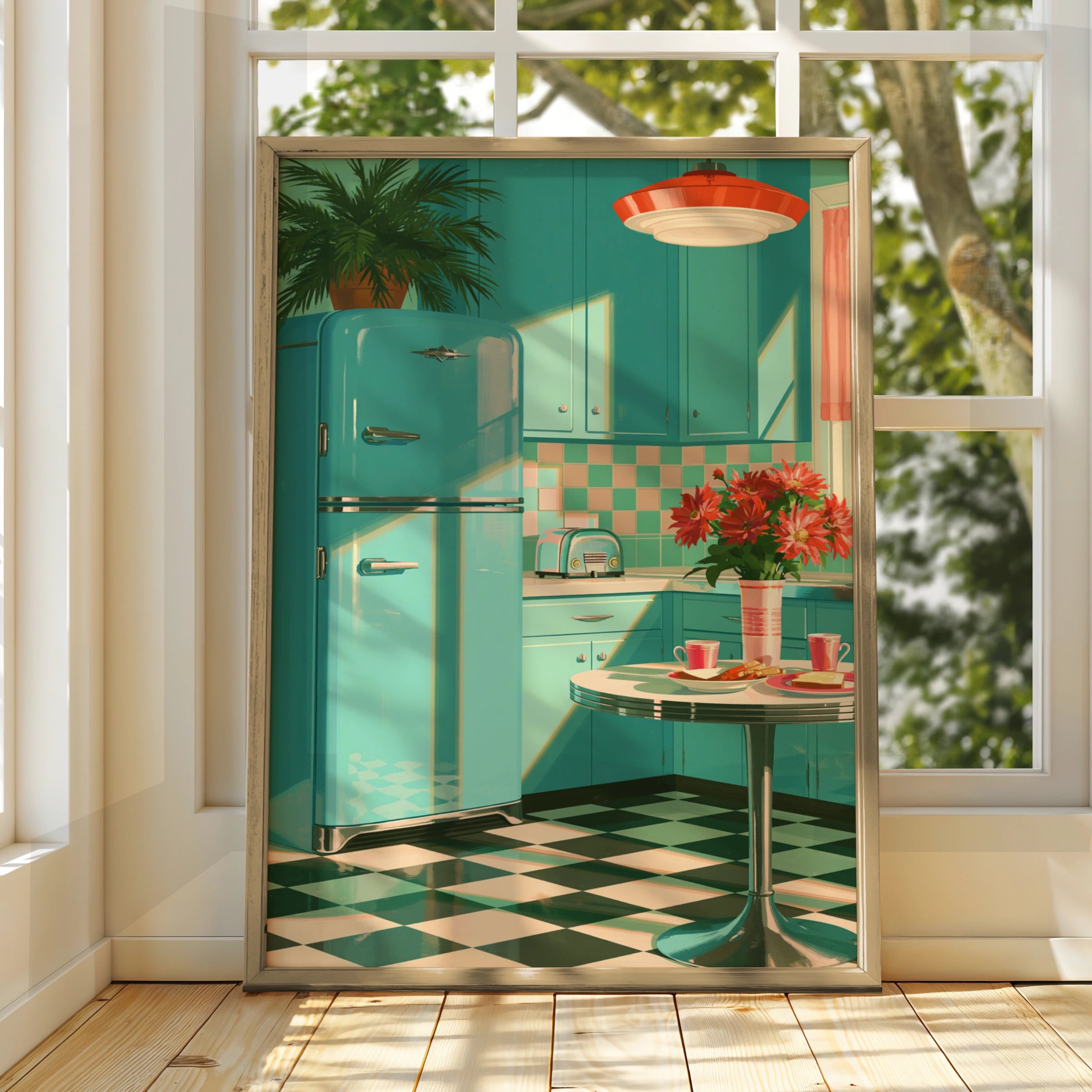 Retro Kitchen Poster, Turquoise 1950s Diner Art Print, Mid-Century Style
