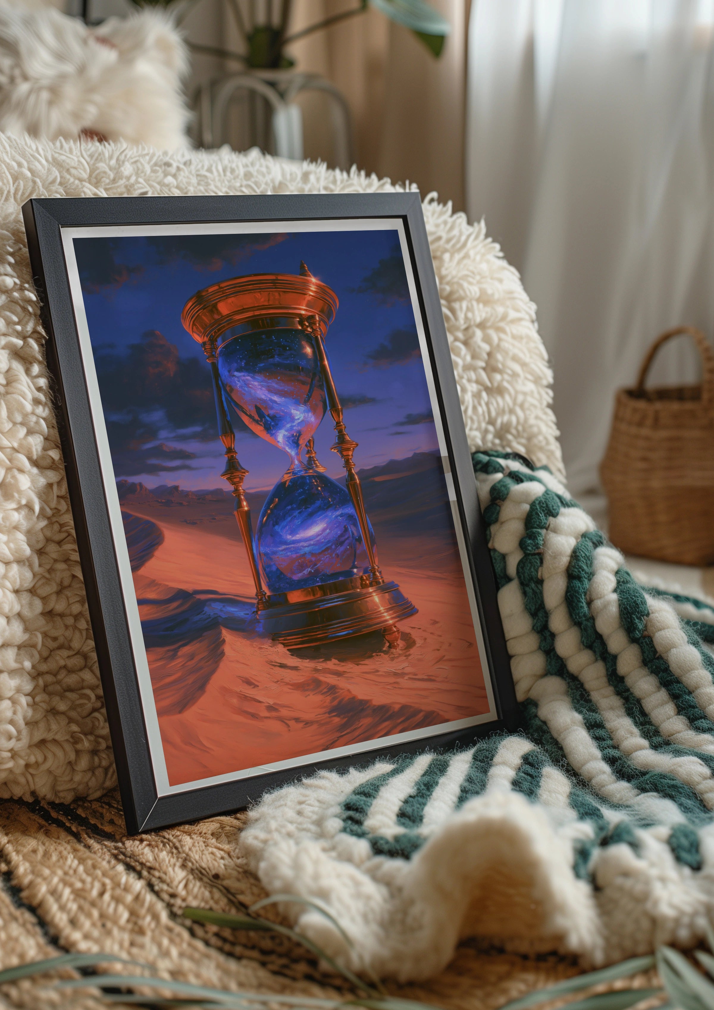 Hourglass Desert Galaxy Poster, Surreal Time Art, Cosmic Fantasy Print