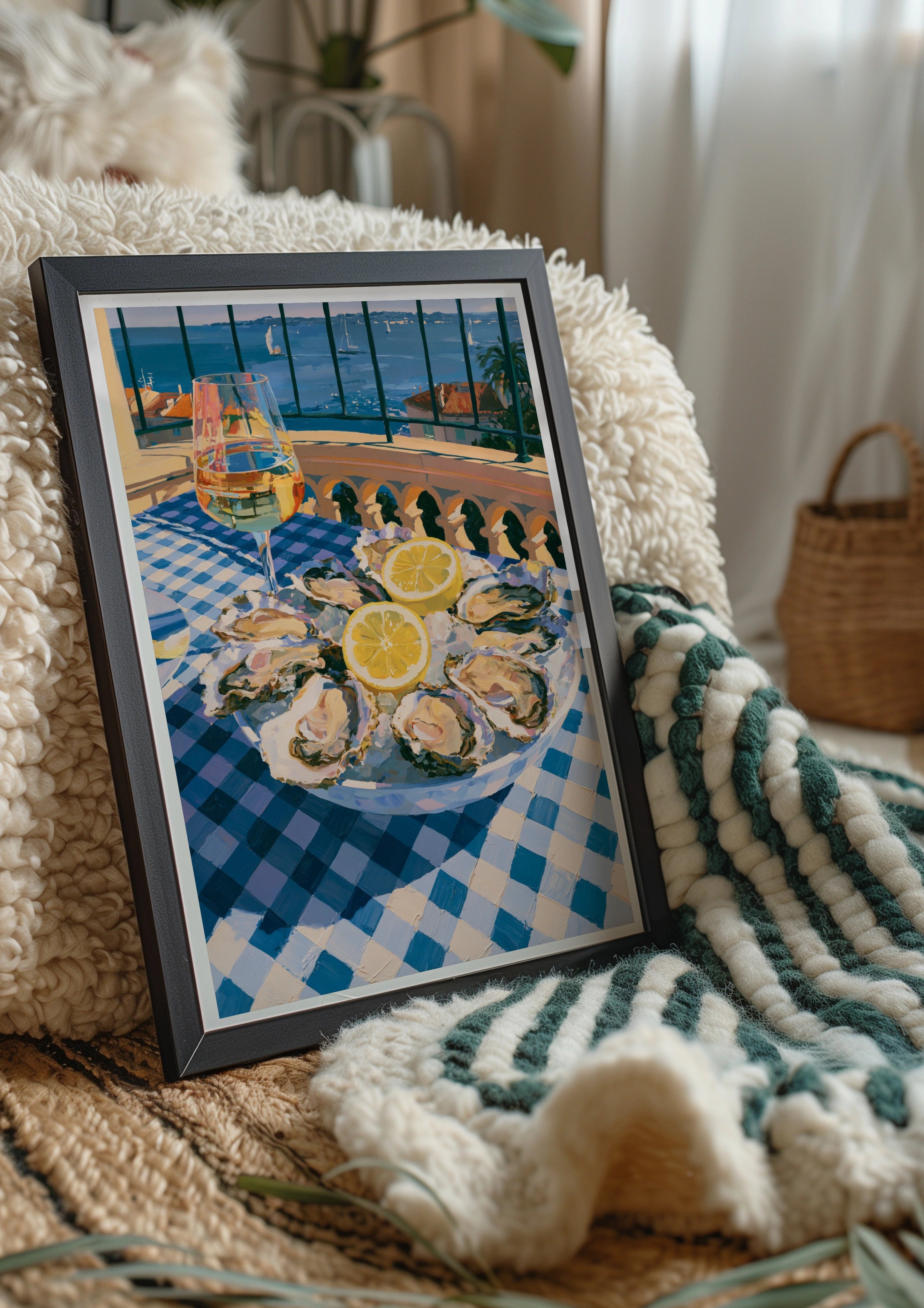 Oysters & White Wine Sea View Poster, French Riviera Kitchen Art Print
