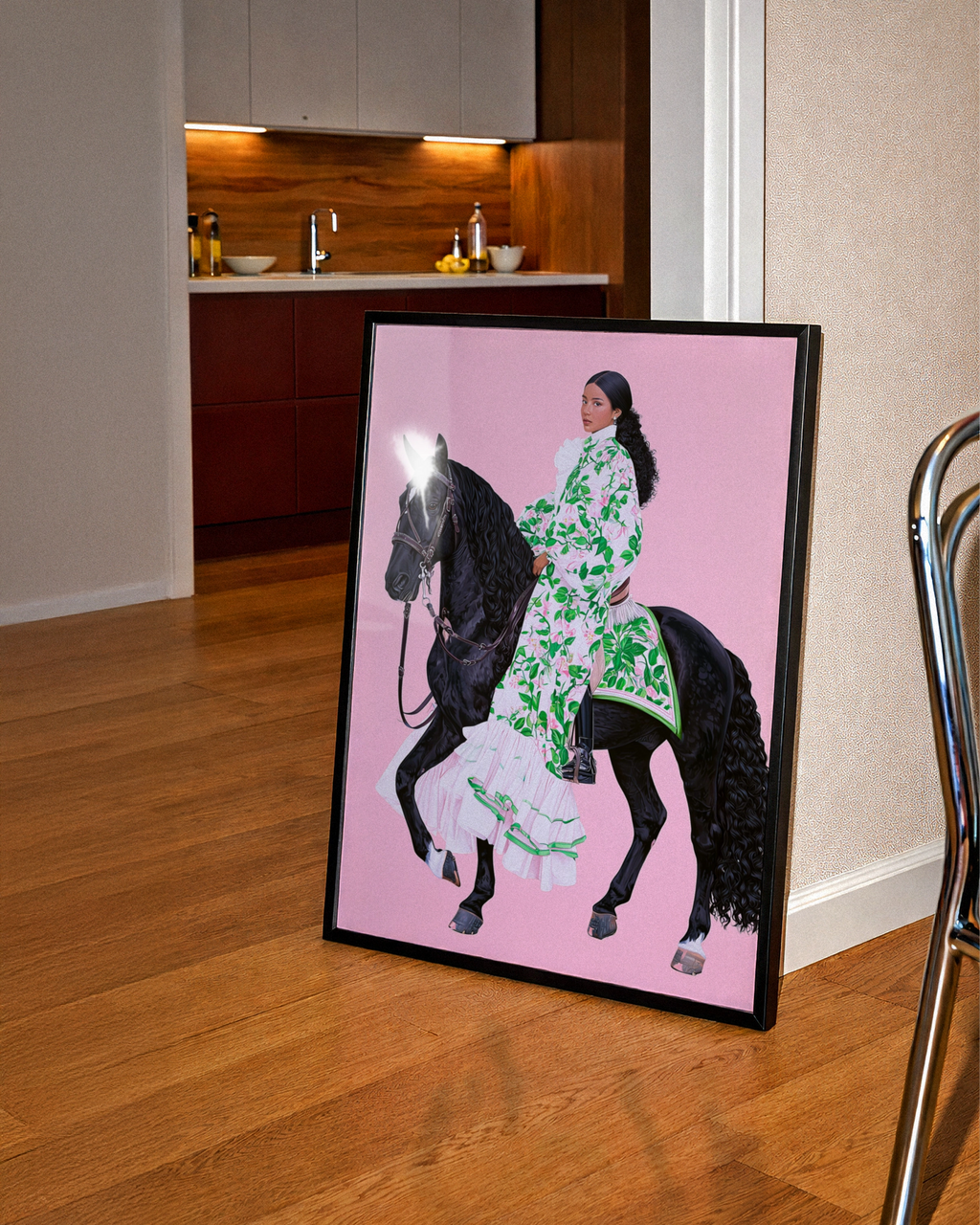 Woman on Black Horse Pink Background, Equestrian Poster, Floral Dress Art