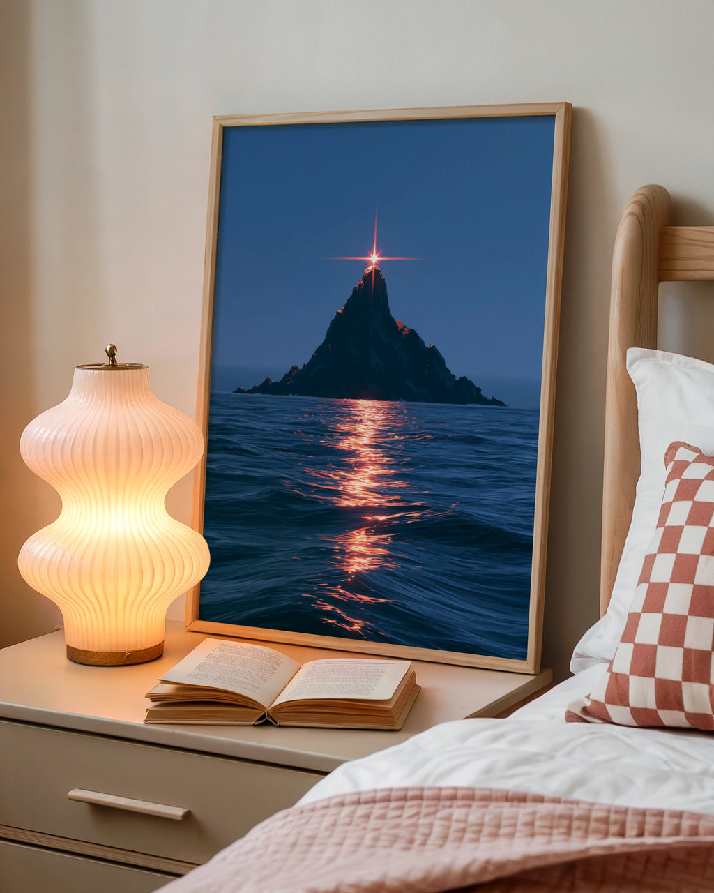 Island Star Sea Poster, Rocky Peak Ocean Night Print, Cinematic Seascape Art