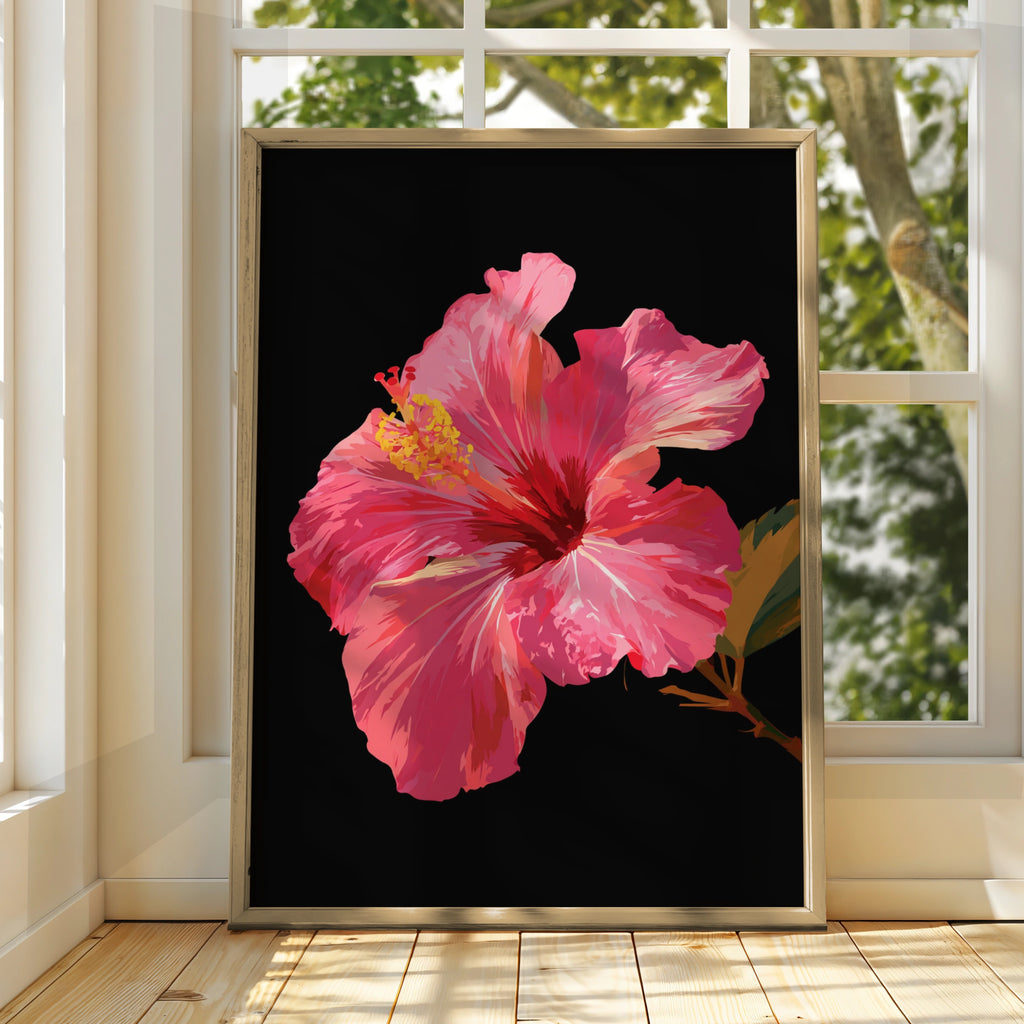 Pink Hibiscus Flower Poster, Tropical Botanical Wall Art, Dark Background Print