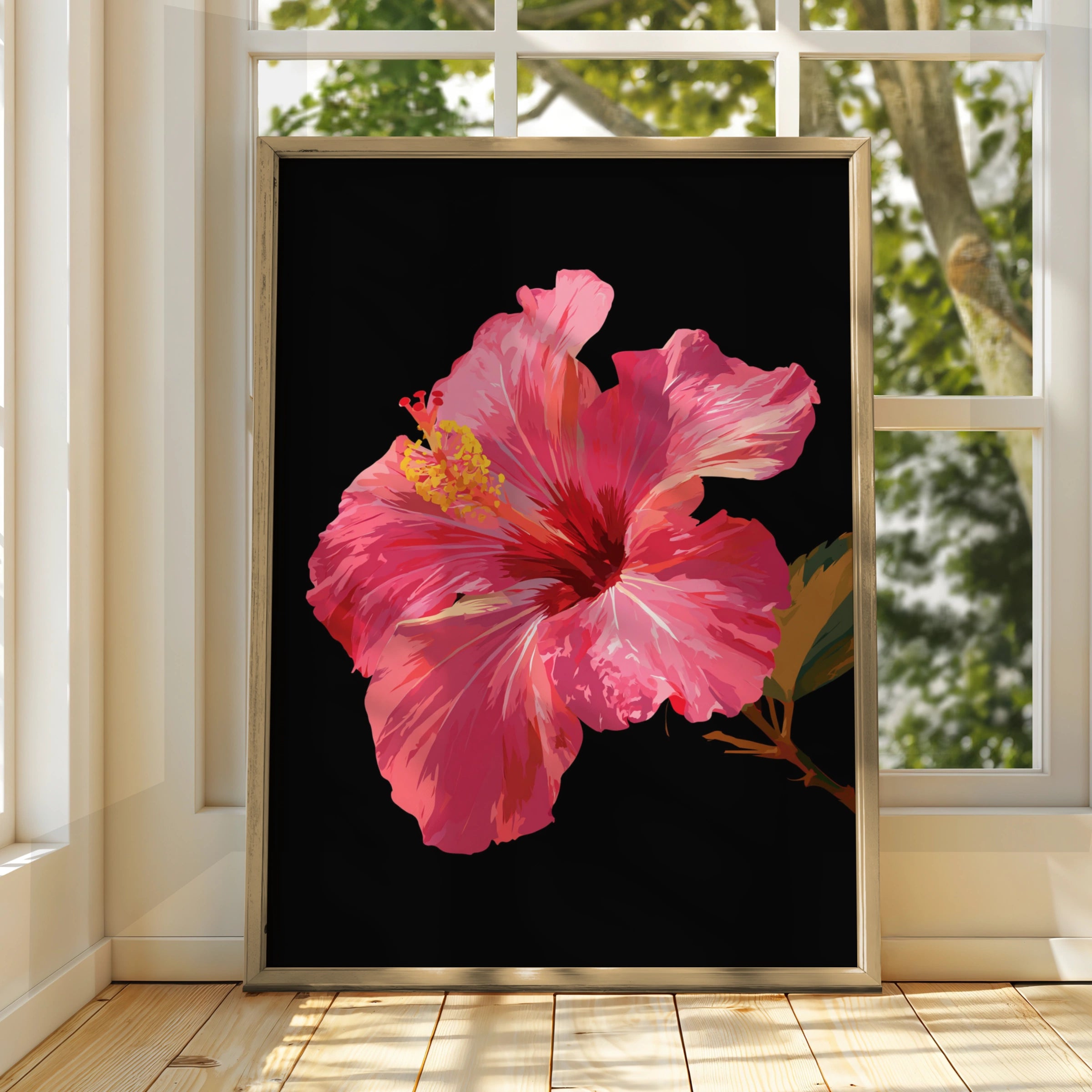 Pink Hibiscus Flower Poster, Tropical Botanical Wall Art, Dark Background Print