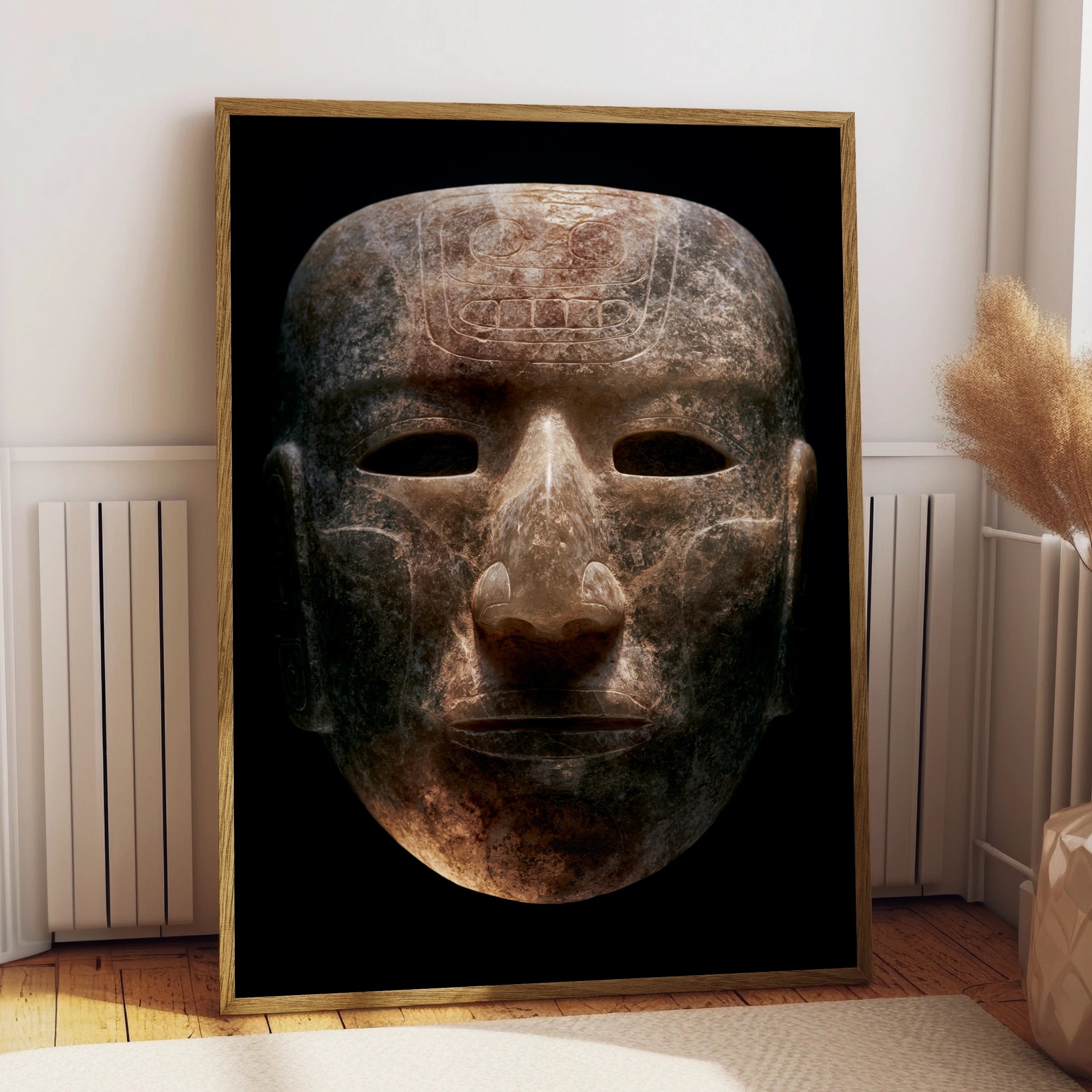 Aztec Mask Wall Art Poster, Ancient Stone Face, Mesoamerican Print
