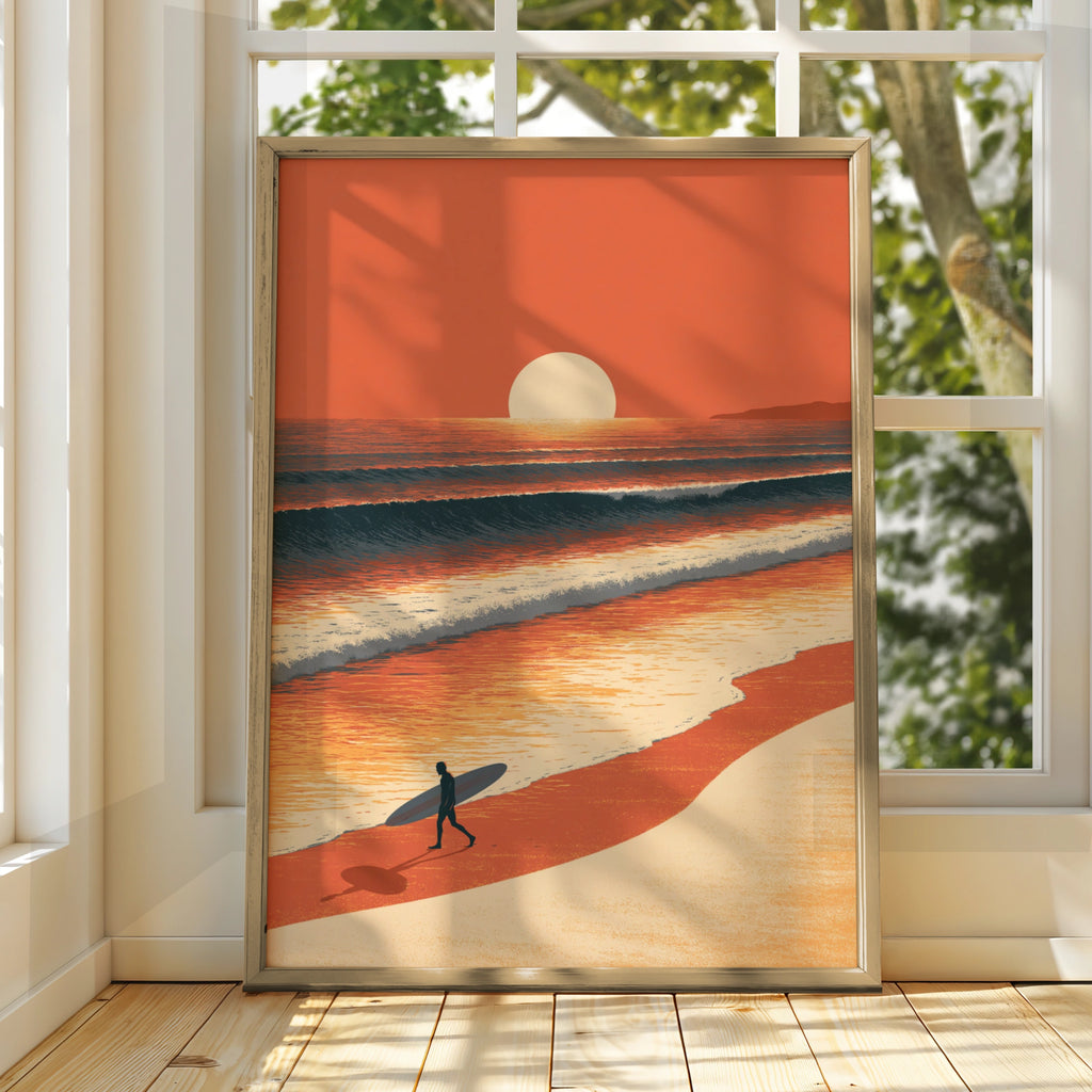 Surfer Sunset Beach Poster, Ocean Waves Wall Art, Retro Surf Print