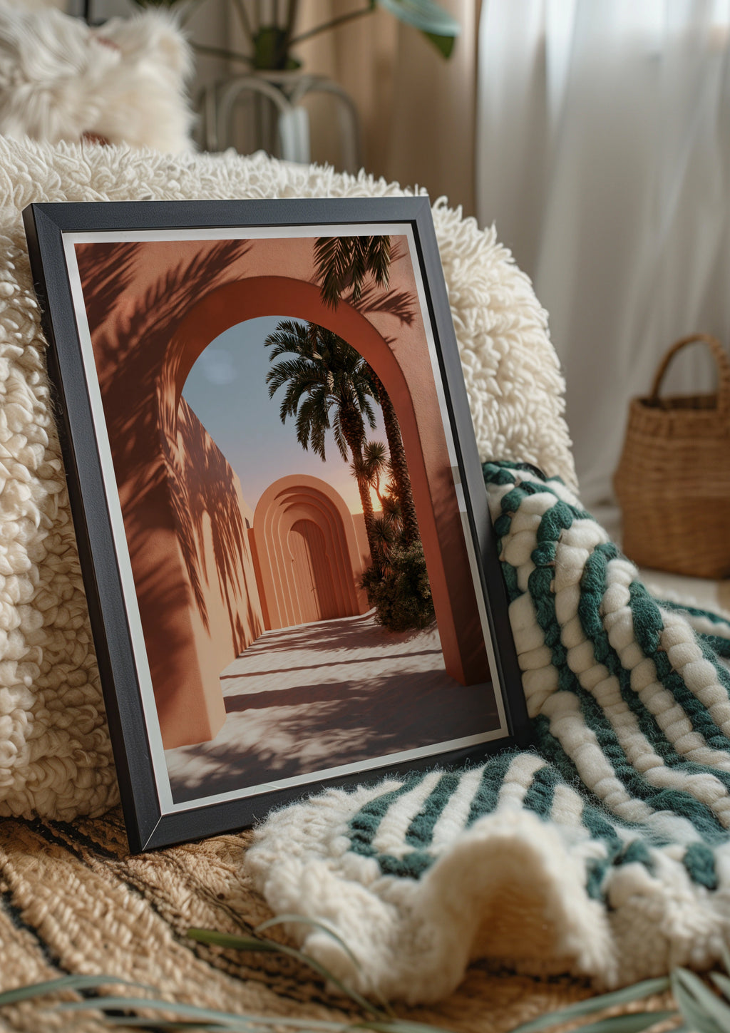 Terracotta Arch Wall Art Poster, Moroccan Architecture, Palm Tree Print