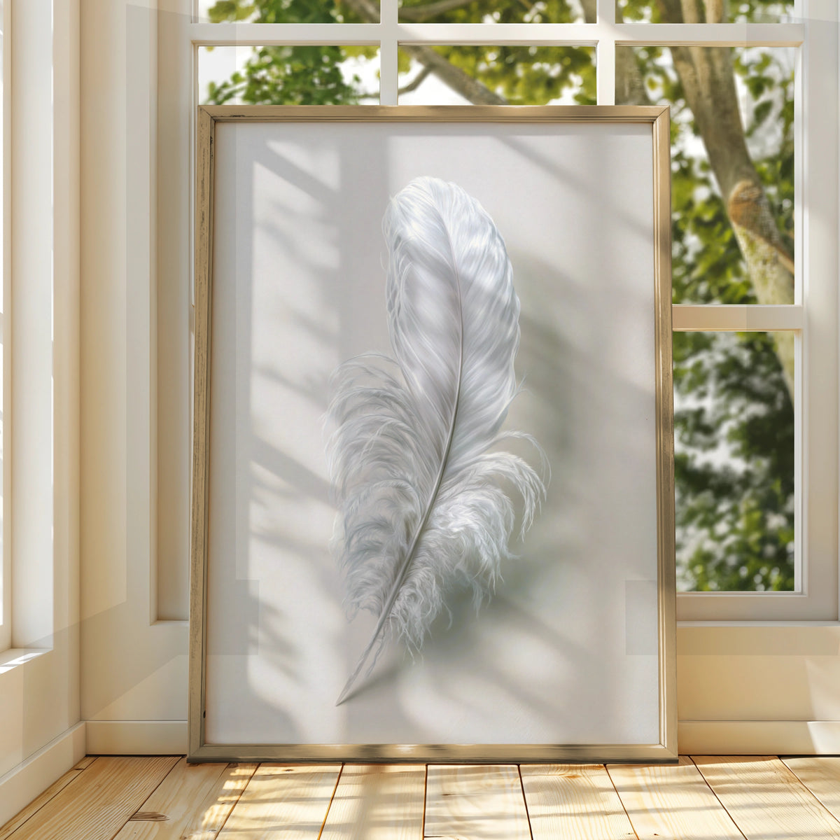 White Feather Wall Art Poster, Minimalist Nature Print, Soft Grey