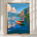 Speedboat Lake Como Poster, Italian Alps Wall Art, Retro Travel Print