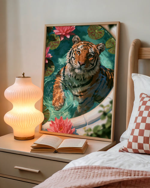 Tiger in Bath with Lotus Flowers Poster, Wild Cat Water Art Print