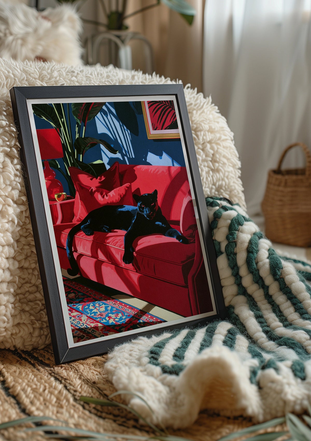 Black Panther Red Sofa Poster, Bold Animal Art Print, Maximalist Interior