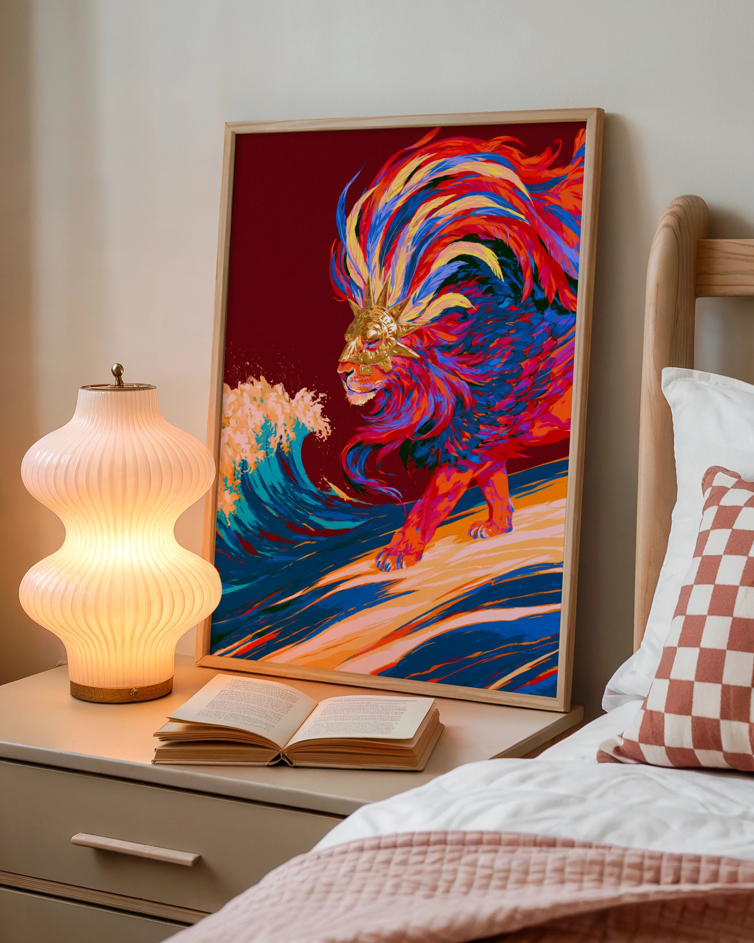 Divine Lion God Poster, Mythical Beast Wave Art, Bold Colourful Print