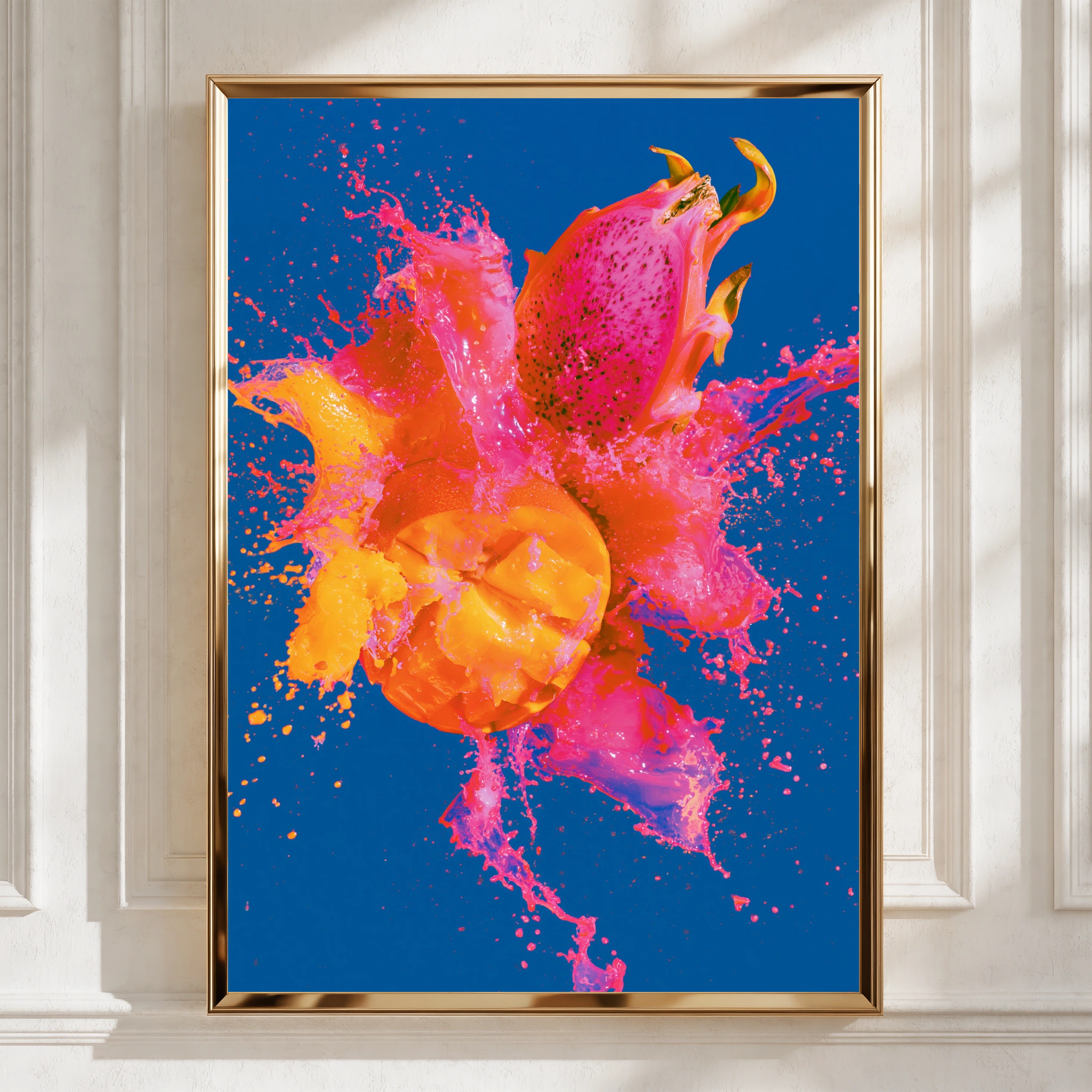 Dragon Fruit Mango Splash Poster, Tropical Fruit Wall Art, Bold Colourful Print