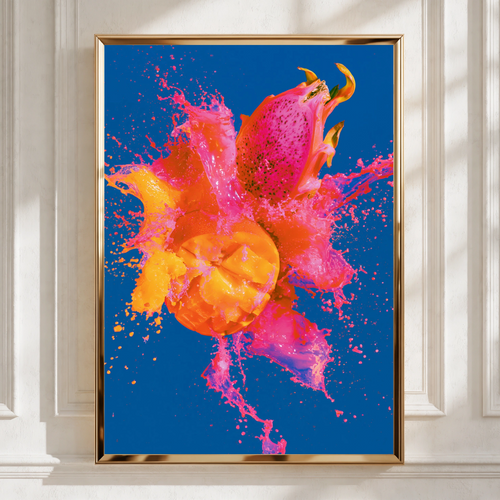 Dragon Fruit Mango Splash Poster, Tropical Fruit Wall Art, Bold Colourful Print