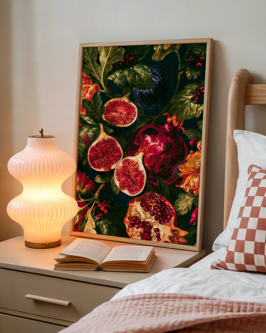 Figs & Pomegranate Still Life Poster, Dark Botanical Wall Art Print