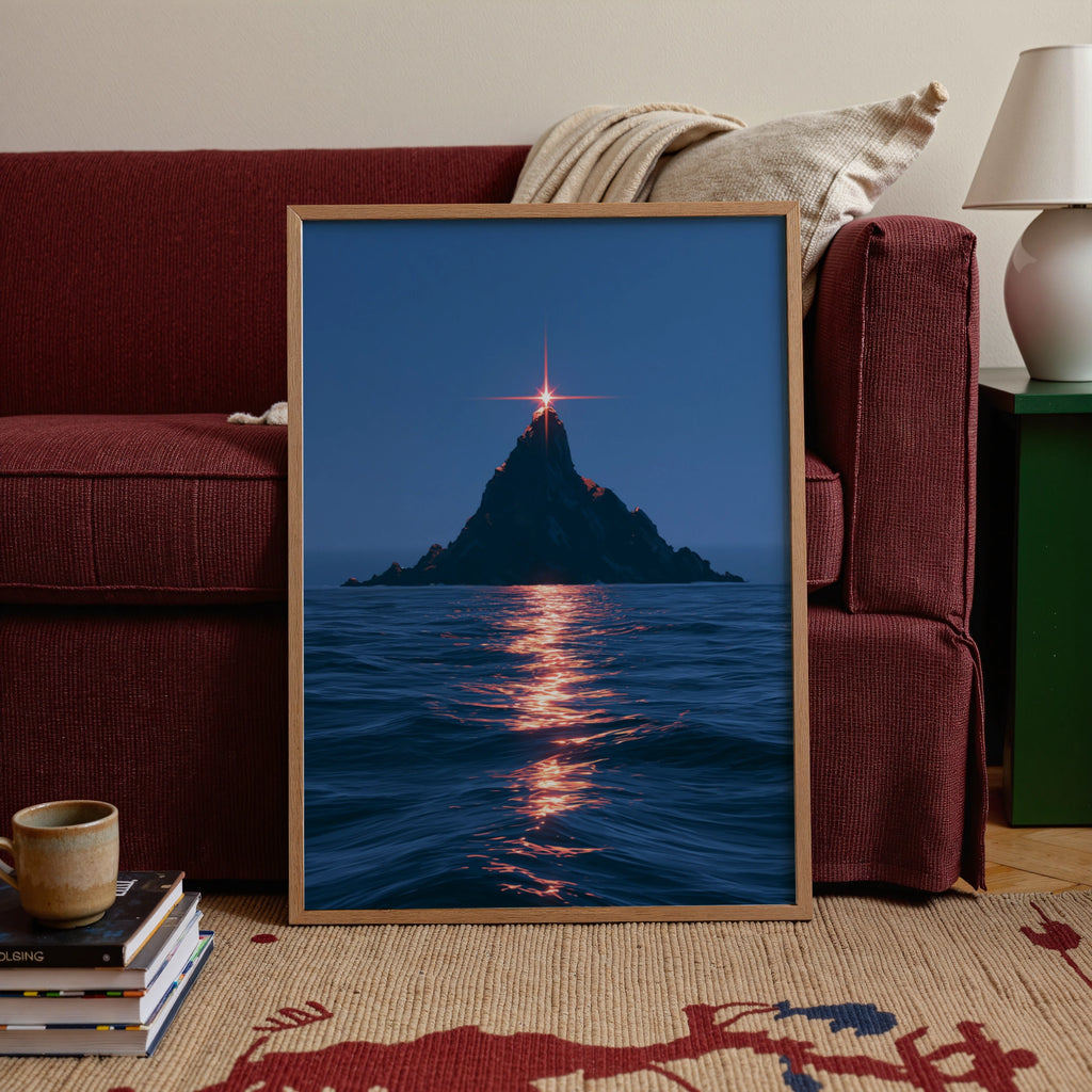 Island Star Sea Poster, Rocky Peak Ocean Night Print, Cinematic Seascape Art