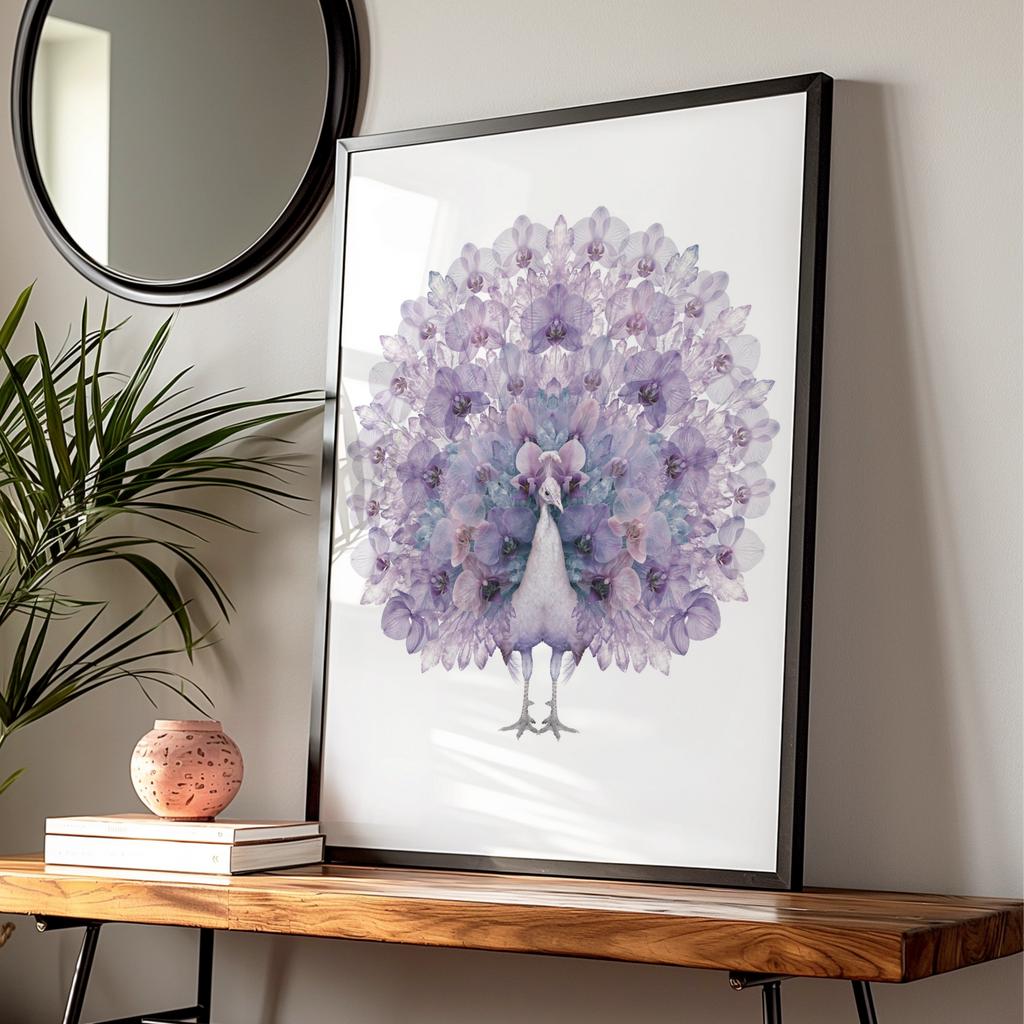 Purple Peacock Floral Poster, Orchid Crystal Fan Art Print, Botanical Bird Wall Art