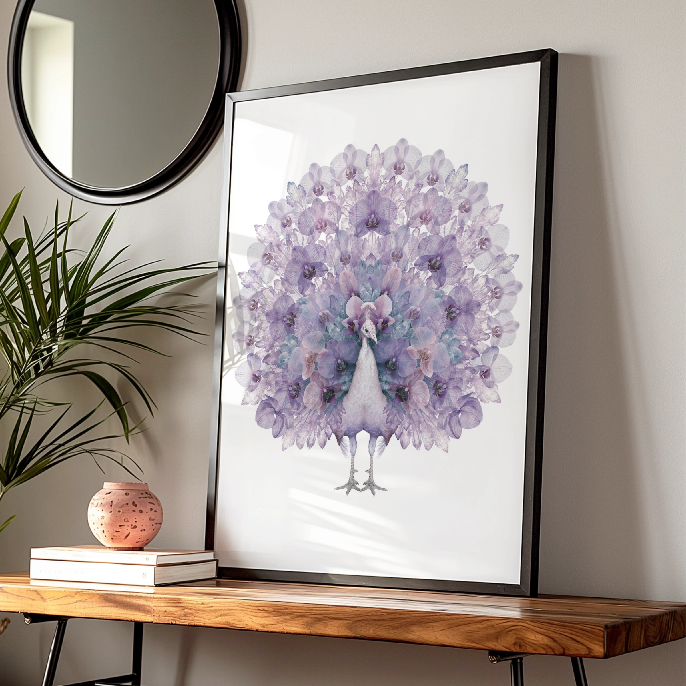 Purple Peacock Floral Poster, Orchid Crystal Fan Art Print, Botanical Bird Wall Art