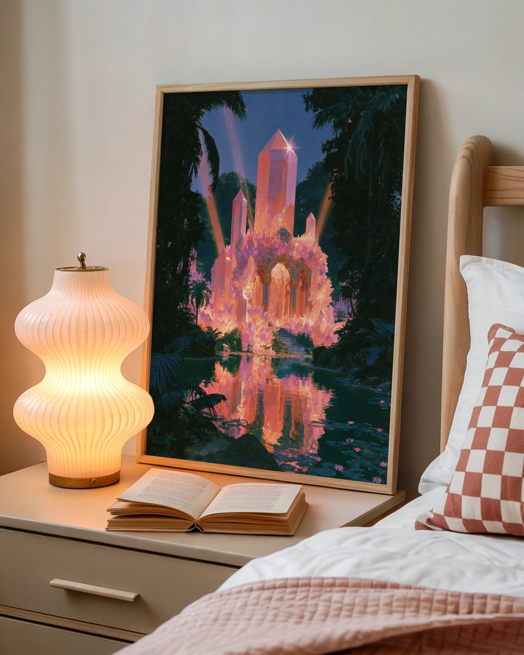 Crystal Temple Jungle Poster, Mystical Fantasy Art Print, Pink Glowing
