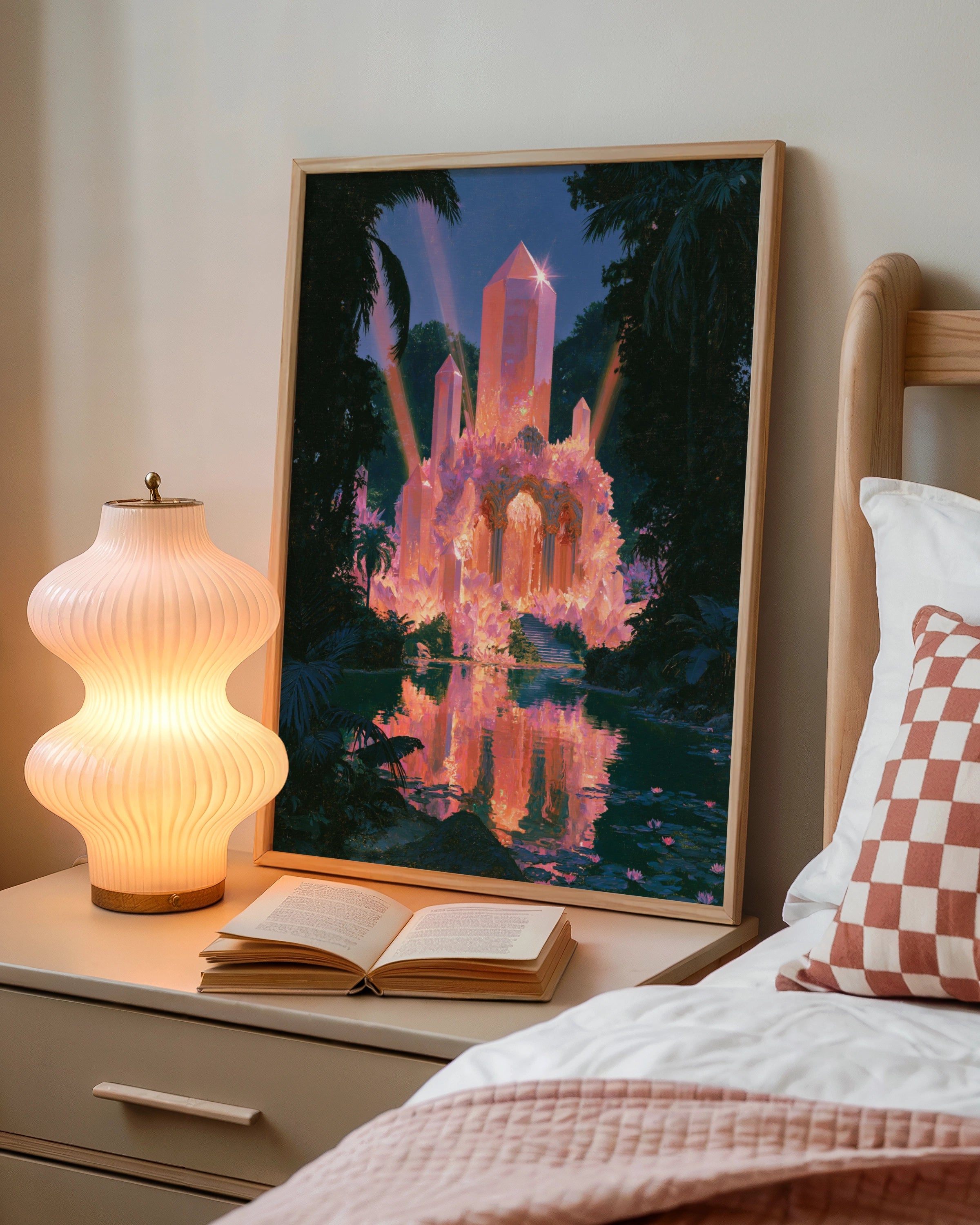 Crystal Temple Jungle Poster, Mystical Fantasy Art Print, Pink Glowing