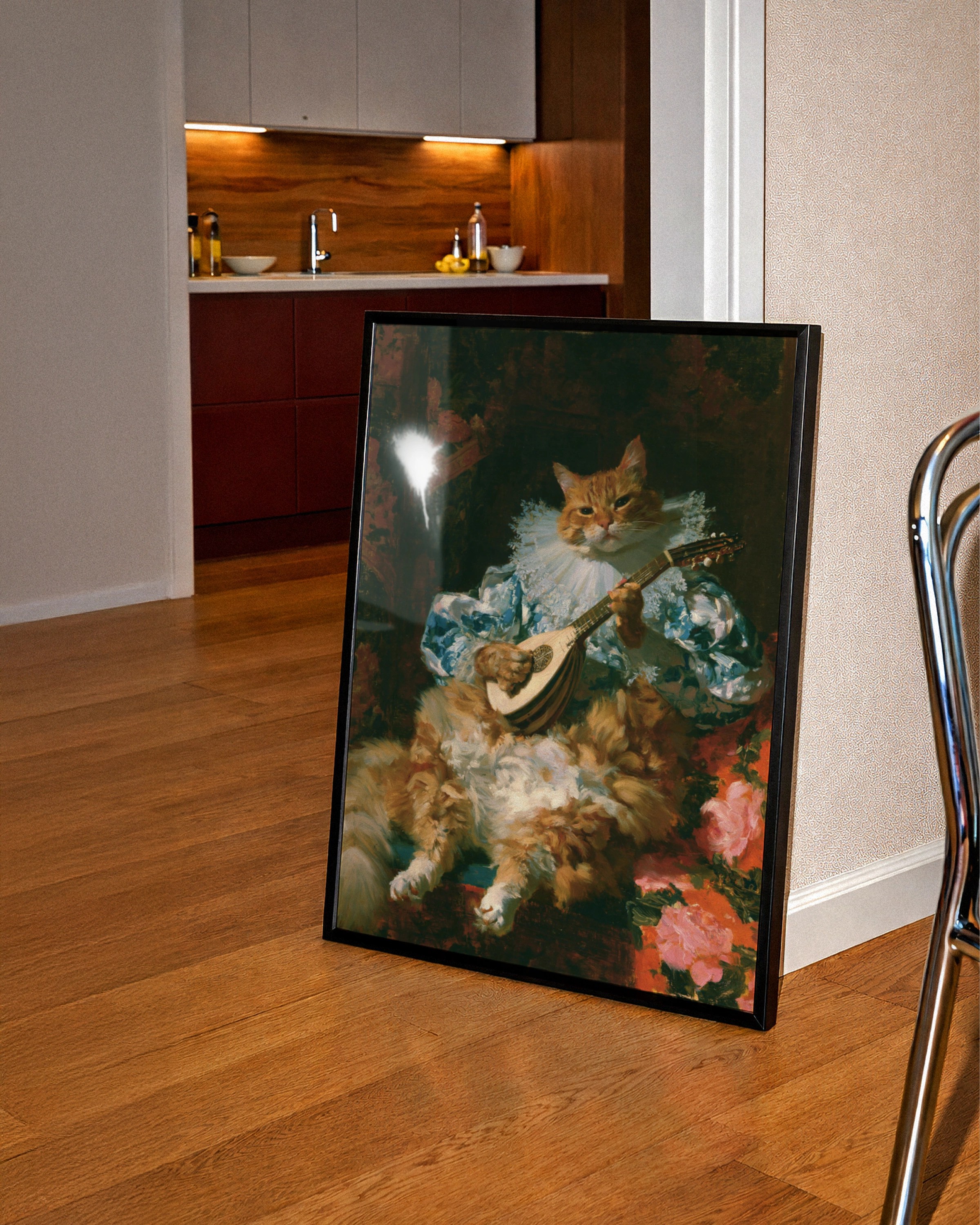 Cat Playing Lute Poster, Baroque Animal Portrait, Renaissance Musician Wall Art