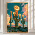 Steampunk Cactus Sun Clock Poster, Desert Fantasy Wall Art, Teal Gold Print