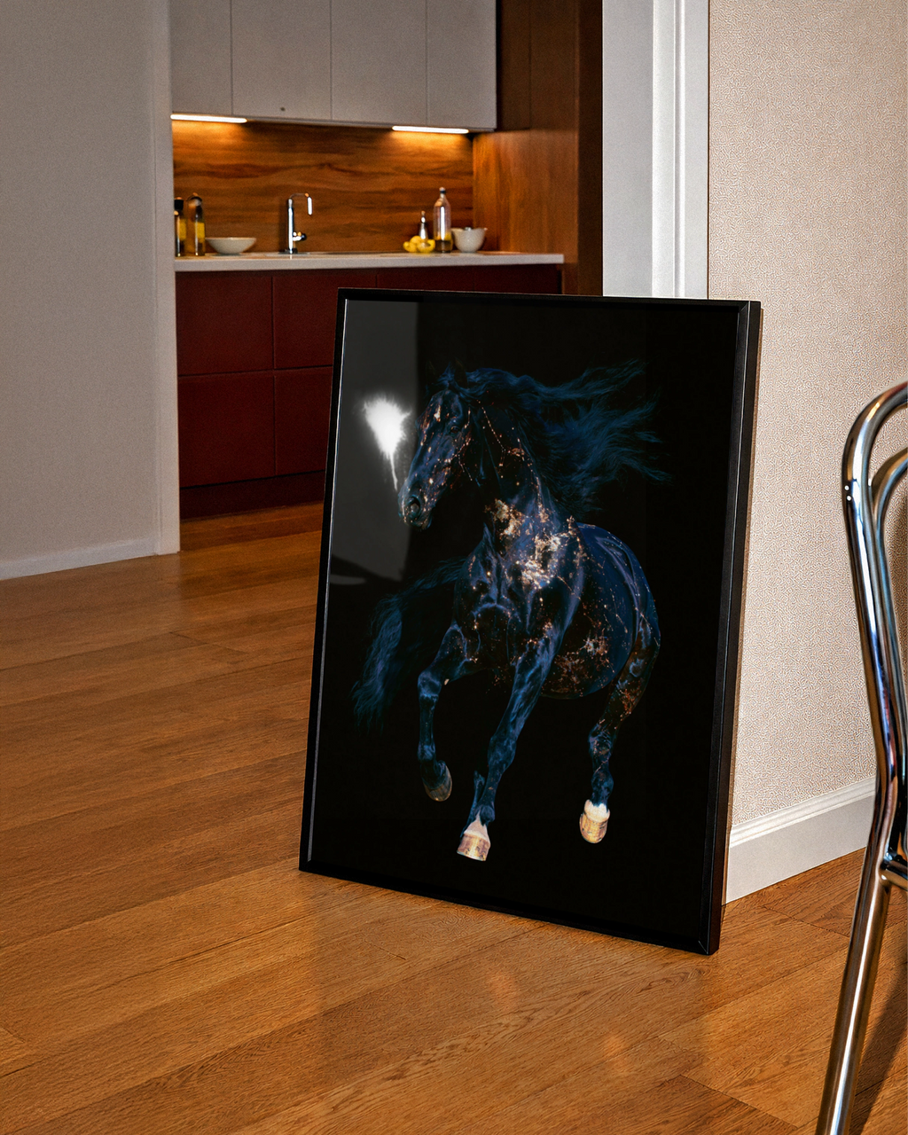 Galaxy Horse Poster, Black Gold Stallion Wall Art, Dark Cosmic Print